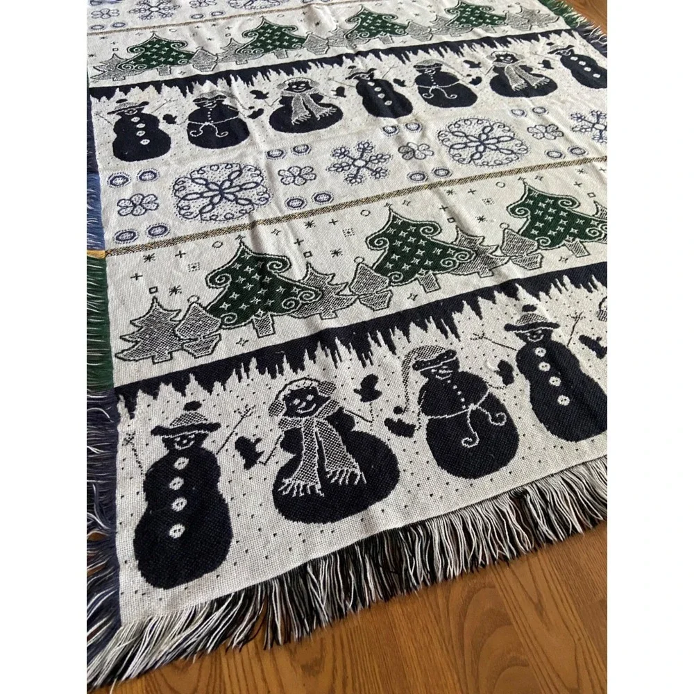 Woven Christmas Throw Blanket Snowman Tree Pattern Blue Green Fringe Winter Holi